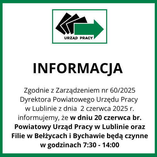 Zdjęcie artykułu Godziny otwarcia PUP Lublin w dniu 20 06 2025r.