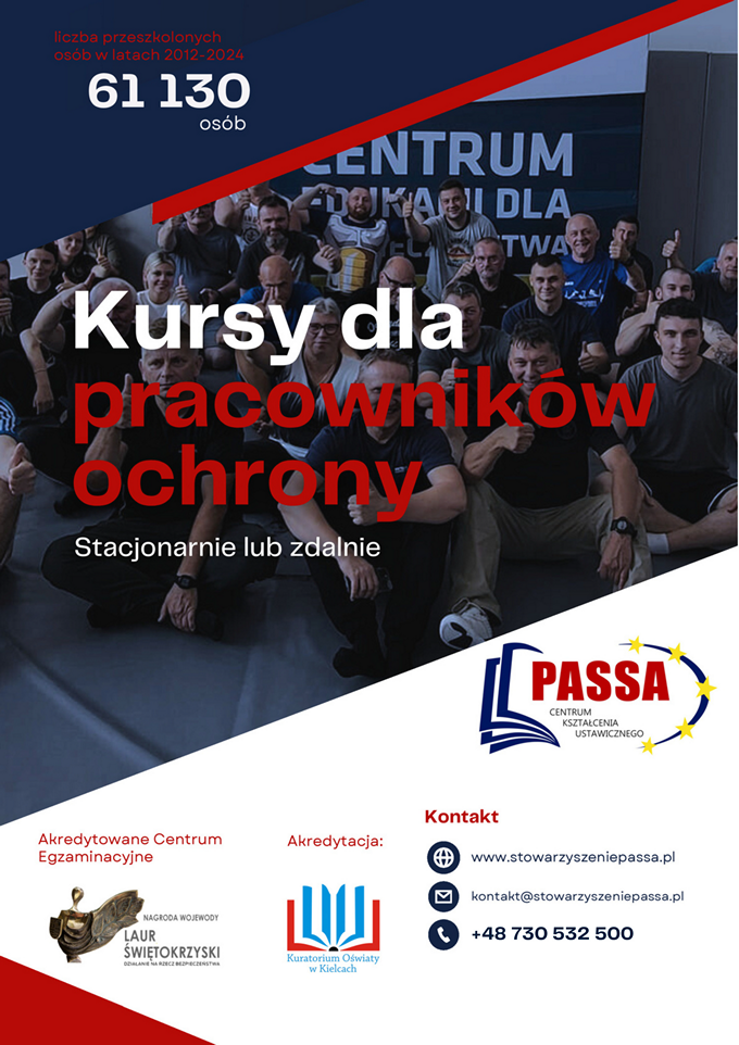 Plakat reklamujący kursy dla pracowników ochrony, organizowane stacjonarnie lub zdalnie przez Centrum Kształcenia Ustawicznego PASSA. Przeszkolono 61 130 osób w latach 2012–2024. Organizacja posiada akredytację Kuratorium Oświaty w Kielcach i nagrodę „Laur Świętokrzyski”. Kontakt: www.stowarzyszeniepassa.pl, e-mail: kontakt@stowarzyszeniepassa.pl, telefon: +48 730 532 500.